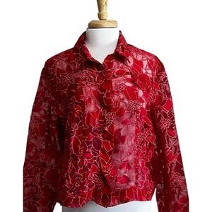 NOTATIONS Red Semi Sheer Burnout Button Down Jacket Top Women's XL